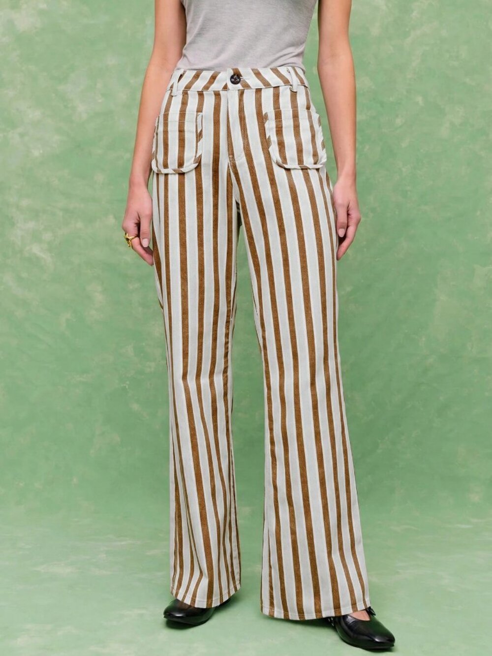 Khaki Casual Women's High-Waist Striped Wide-Leg Pants With Front Pockets
